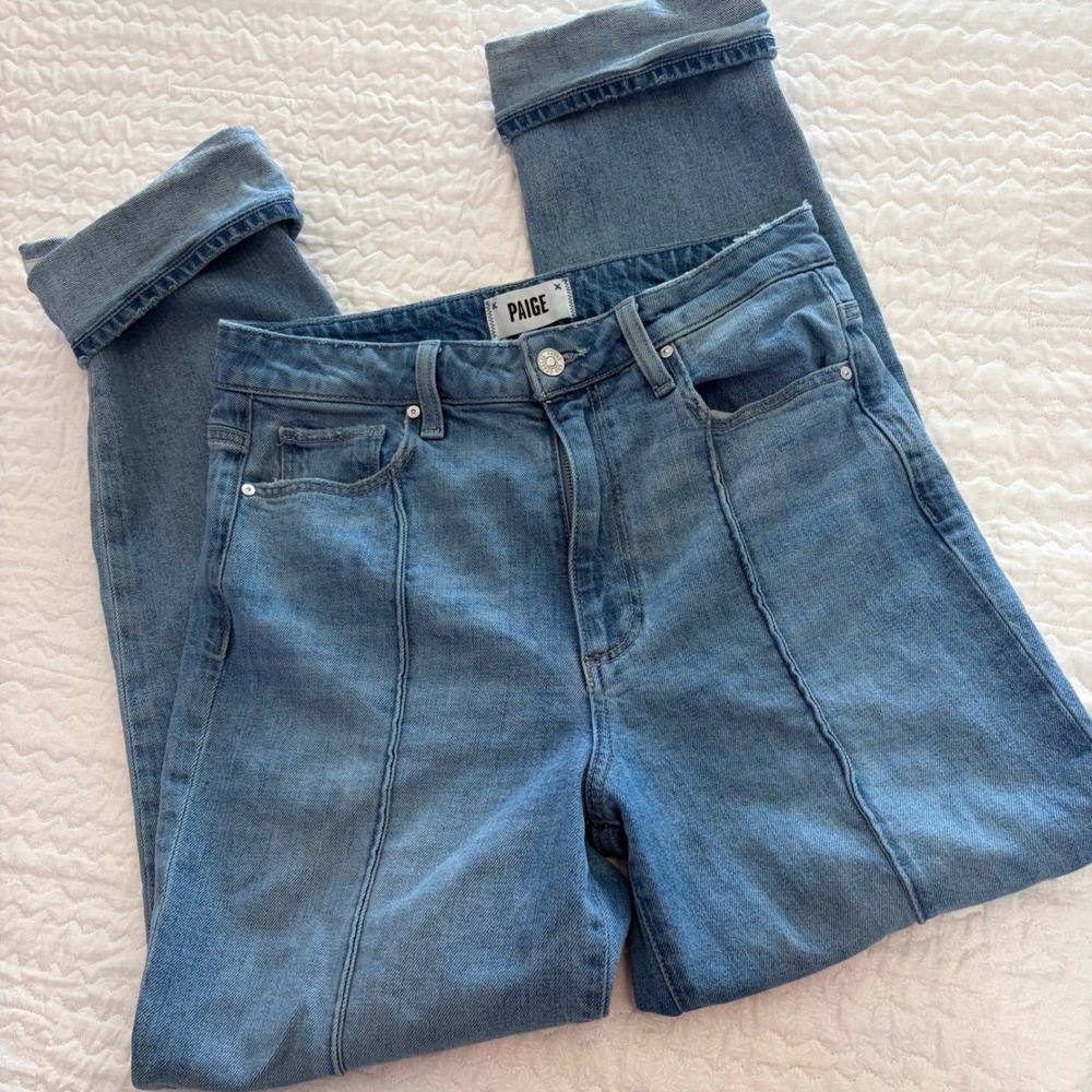 Paige Noella High Rise Straight Leg Blue Jeans Front Seam Seamed Denim 28
